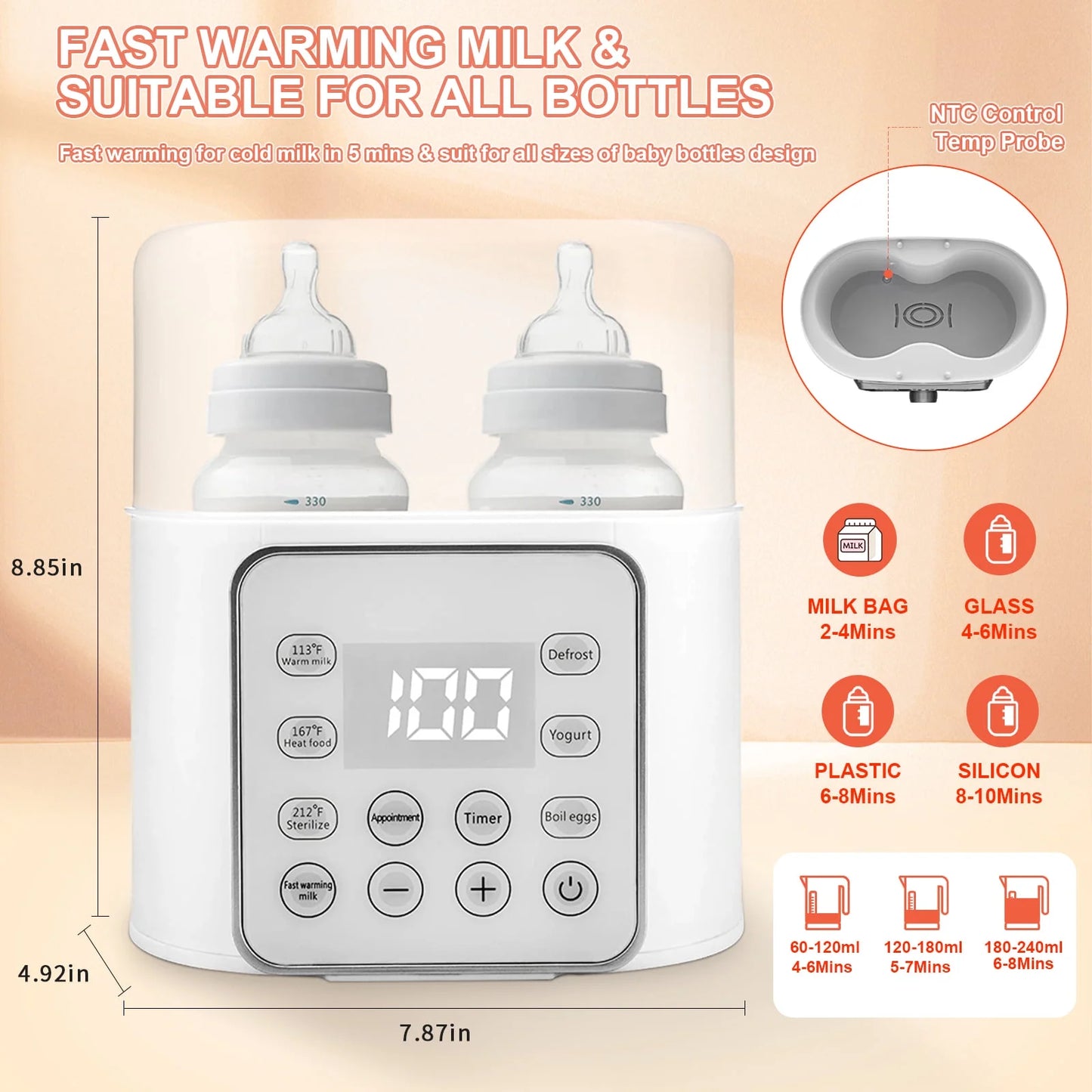 Baby , 9-In-1 Portable with LCD Display, Double Bottles Fast Milk Warmer, White