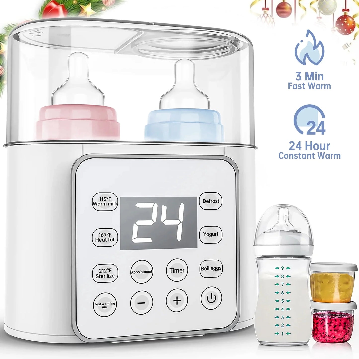 Baby , 9-In-1 Portable  with LCD Display, Double Bottles Fast Milk Warmer, White